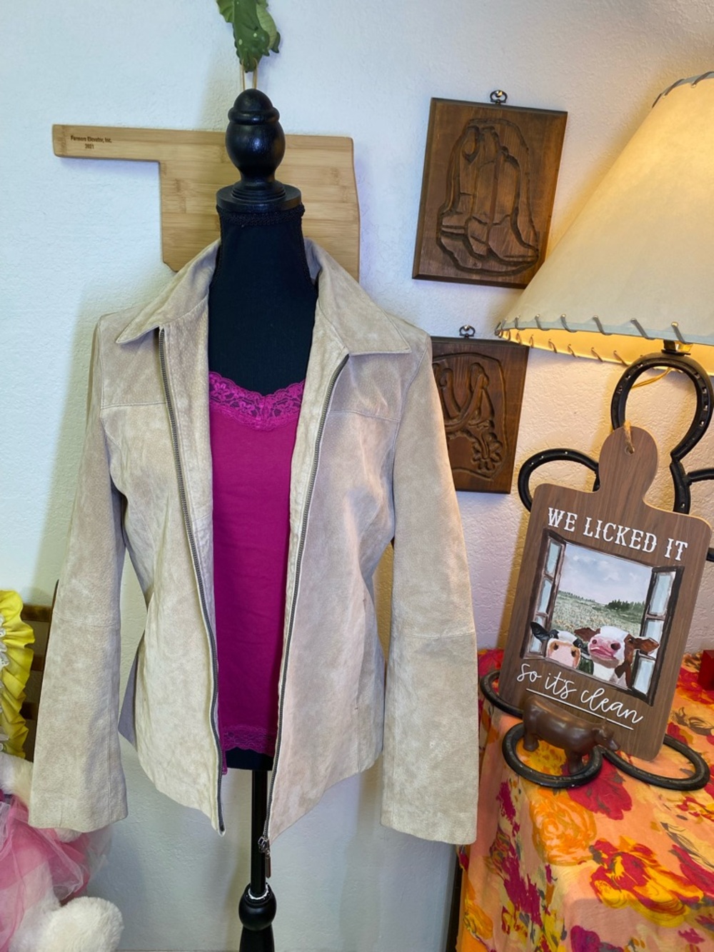 Boston Harbor Camel Tan Suede Collared Zip 90s Style Fitted Short Jacket MEDIUM